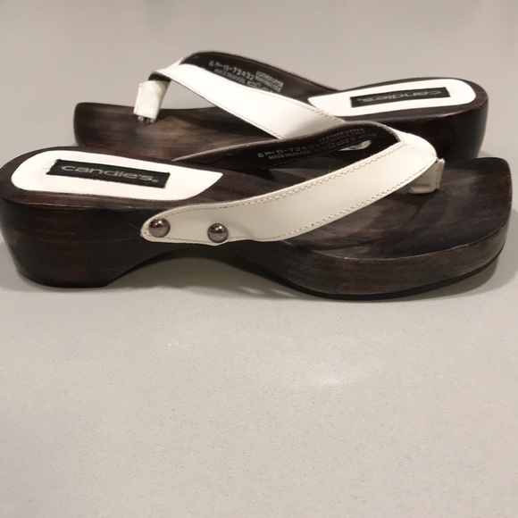 Vintage Candies White Leather-Wooden platform -flip flop Size 6 - FUN -Unique! - Picture 5 of 14